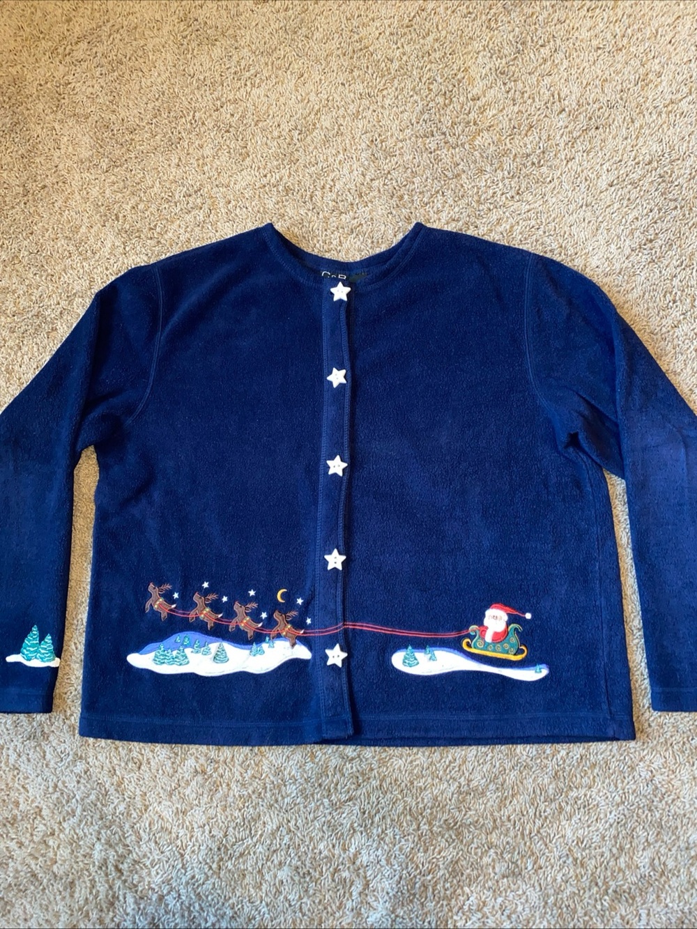 C&B Sport Vtg Christmas Cardigan Sweater Womens L Fleece Holiday Santa Navy Snow